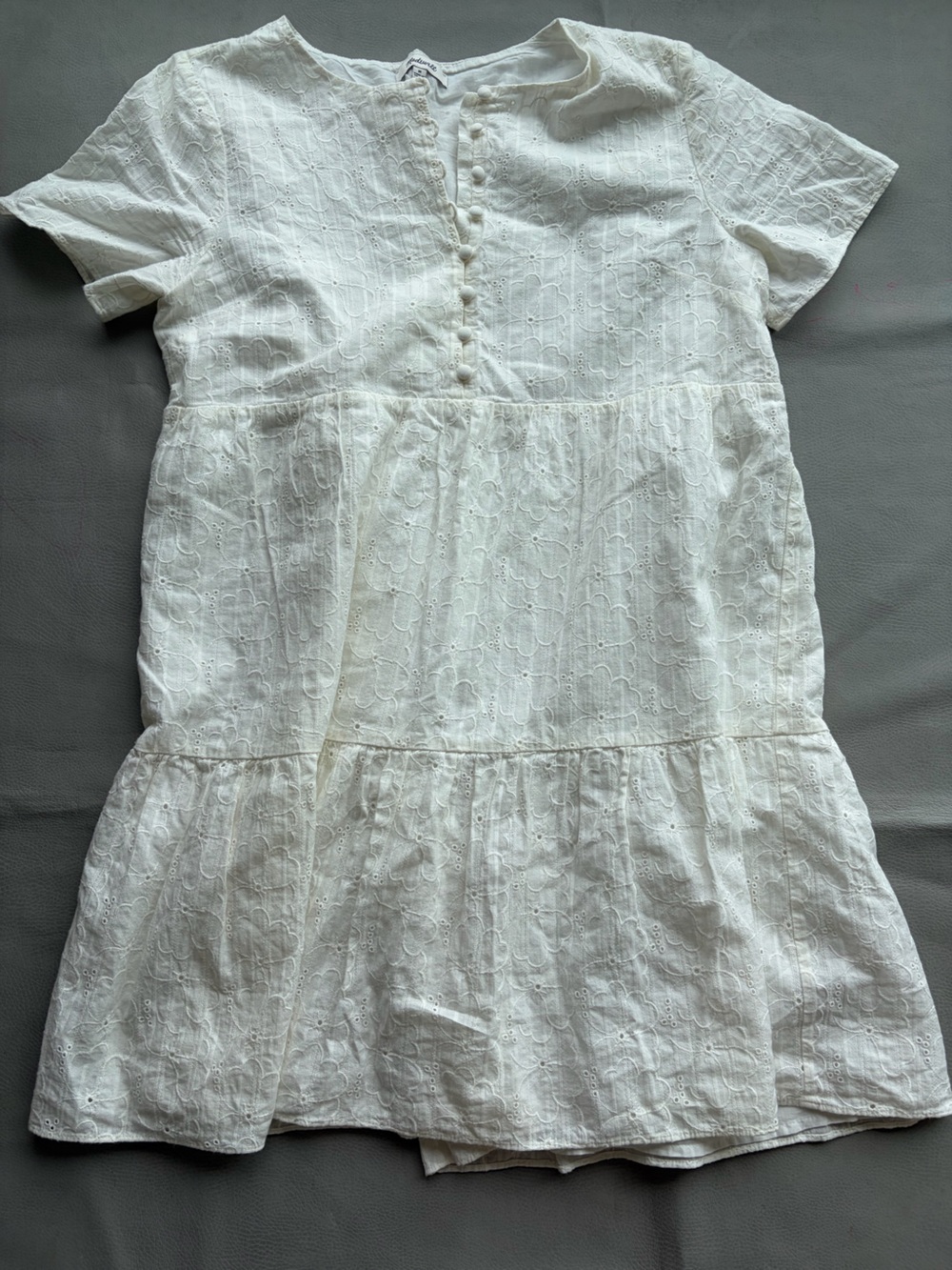 Madewell 100% cotton embroidered eyelet button-front tiered mini dress